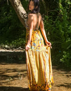 Strandkleider & Sommerkleider|Kleider^Laetitia Beachwear Neckholder Sommerkleid mit Seide ADELIA gelb von gelb-bunt mit Häkel Applikationen