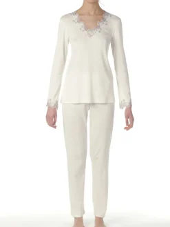 Feine Pyjamas^IMEC Pyjama SARA creme-weiß Modal-Baumwolle von creme-weiß mit beige-taupe farbener Spitze