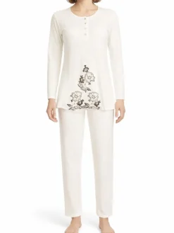 Feine Pyjamas^Exilia Pyjama TAMIKA mit Modal creme von elfenbein-weiß mit ebenholz-brauner Spitze