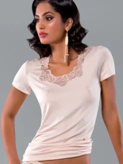 Tops Mit Spitze|Kurzarm^Cotton Club Pyjama Top RUSCELLA rosa aus Viskosemix von puder rosé