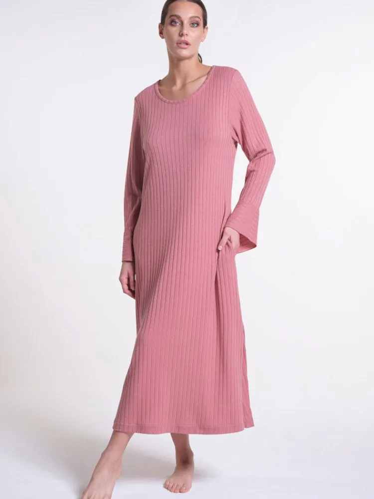 Lounge-Wear|Edle Nachthemden^Verdiani Ripp-Jersey Kleid lang LOUNGE No. 2 altrosé Viscosemix von altrosa