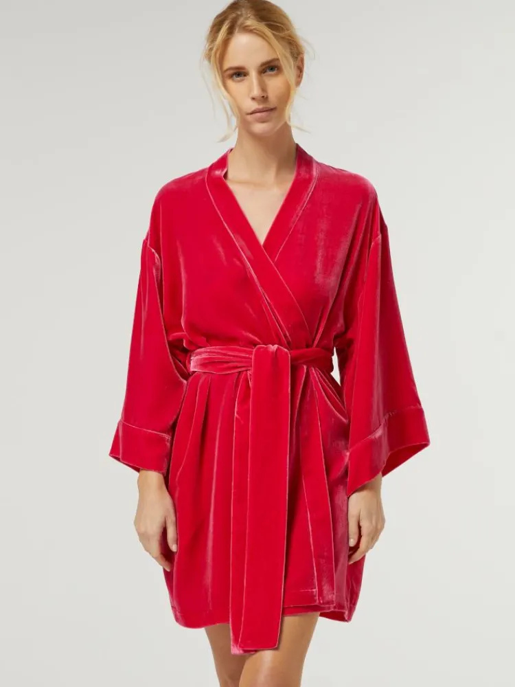 Lounge-Wear|Exquisite Morgenmäntel^Vivis Samt Kimono DANY von mit Seide rot oder petrol
