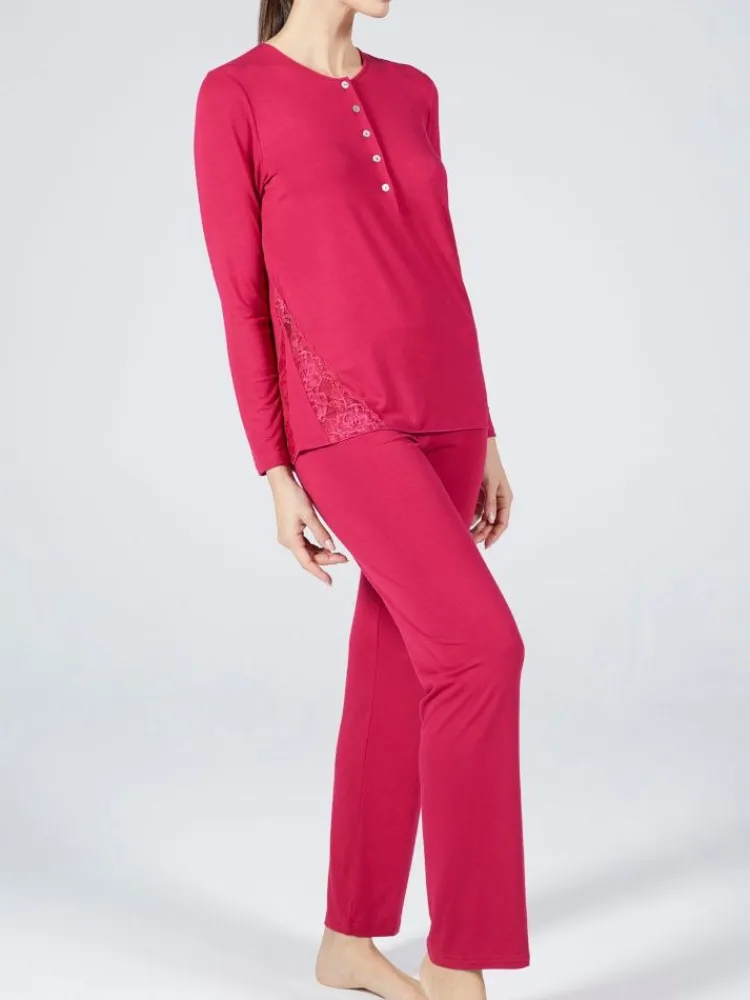 Feine Pyjamas^Verdiani Schlafanzug LAMPONE No. 2 himbeer-rot von himbeere rot mit Spitze