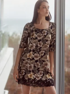 Kleider|Seide Sleepshirt^Gattina Seide Halbarm-Nachtkleid JOANNA mit Spitze von schwarz beige geblümt mit Spitze