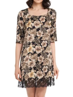 Kleider|Seide Sleepshirt^Gattina Seide Halbarm-Nachtkleid JOANNA mit Spitze von schwarz beige geblümt mit Spitze