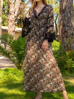 Strandkleider & Sommerkleider|Lounge-Wear^Marjolaine Seide Kleid OPHELIE lang Mousseline von schwarz bunt