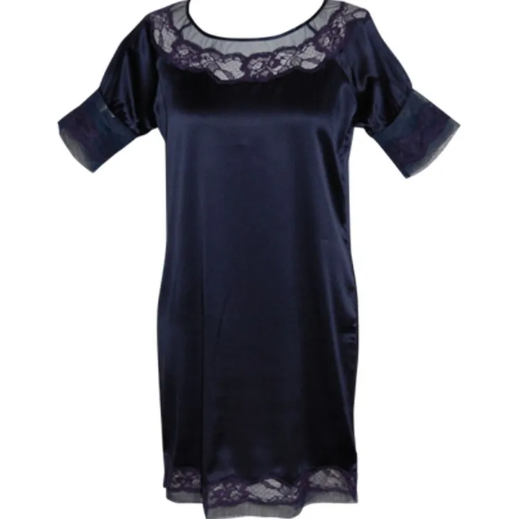 Seide Sleepshirt|Seidennachthemd^Gattina Seide Kurzarm Nachthemd MAGIC MOMENTS von dunkelblau oder weiß mit Spitze