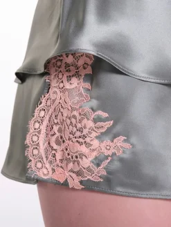 Seidenpyjama^Verdiani Seide Kurzpyjama OLIVE mit Spitze von oliv mit rosa Spitze