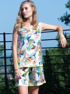 Seidenpyjama^Chiara Fiorini Seide Kurzpyjama PAPILLON No. 5 weiß-bunt von cremeweiß mit Druck