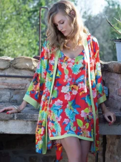 Morgenmantel Kurz|Morgenmantel Aus Satin^Chiara Fiorini Seide Morgenmantel kurz PAPILLON No. 4 von rot oder cremeweiß mit Druck