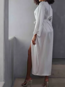 Morgenmantel Lang|Morgenmantel Aus Satin^Marjolaine Seide Morgenmantel lang BENEDICTE mit Spitze naturweiss