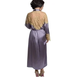 Morgenmantel Lang|Morgenmantel Aus Satin^Gattina Seide Morgenmantel lang SERENATA schwarz mit goldener Spitze mauve oder schwarz mit goldener Spitze