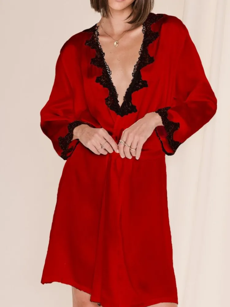 Morgenmantel Kurz|Morgenmantel Mit Spitze^Eva B. Bitzer Seide Morgenmantel SATIN + LACE kurz von schwarz gold-sand oder weiß mit Spitze