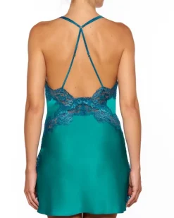 Alle Negligés|Seidenneglige^Millesia Seide Negligé ADRIANA kurz von türkisblau oder gold-sand farben mit Spitze