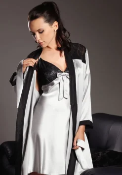 Alle Negligés|Seidenneglige^Gattina Seide Negligé VANCOUVER Dessous silber mit schwarz