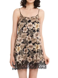 Alle Negligés|Seidenneglige^Gattina Seide Neglige JOANNA mit Spitze von schwarz beige geblümt mit Spitze