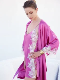 Alle Negligés|Seidenneglige^Luna di Seta Seide Neglige LACE SEDUCTION dahlia pink von dahlia pink mit Spitze
