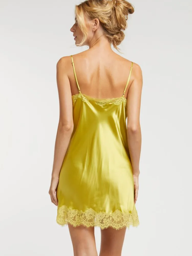Alle Negligés|Seidenneglige^Vivis Seide Neglige LUANA von grünlich gelb mit Spitze