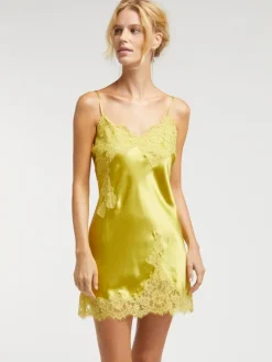 Alle Negligés|Seidenneglige^Vivis Seide Neglige LUANA von grünlich gelb mit Spitze