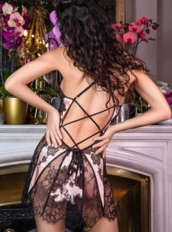 Alle Negligés|Seidenneglige^Marjolaine Seide Neglige NYMPHE No. 3 kurz bunt puder-rosé oder rauchgrau mit Spitze