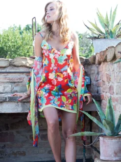 Alle Negligés|Seidenneglige^Chiara Fiorini Seide Neglige PAPILLON No. 3 bunt von cremeweiß oder rot mit apfelgrün