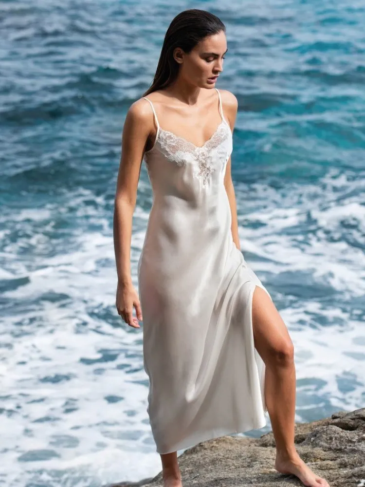 Alle Negligés|Seidenneglige^Luna di Seta Seide Negligee lang LACE SEDUCTION elfenbein weiß von elfenbein-weiß mit Spitze