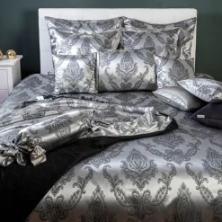 Seidenbettwäsche^Plauener Seidenweberei Seidenbettwäsche AVIANO BLACK silbrig-schwarz Seidenweber Collection schwarz silbern garngefärbt gewebt