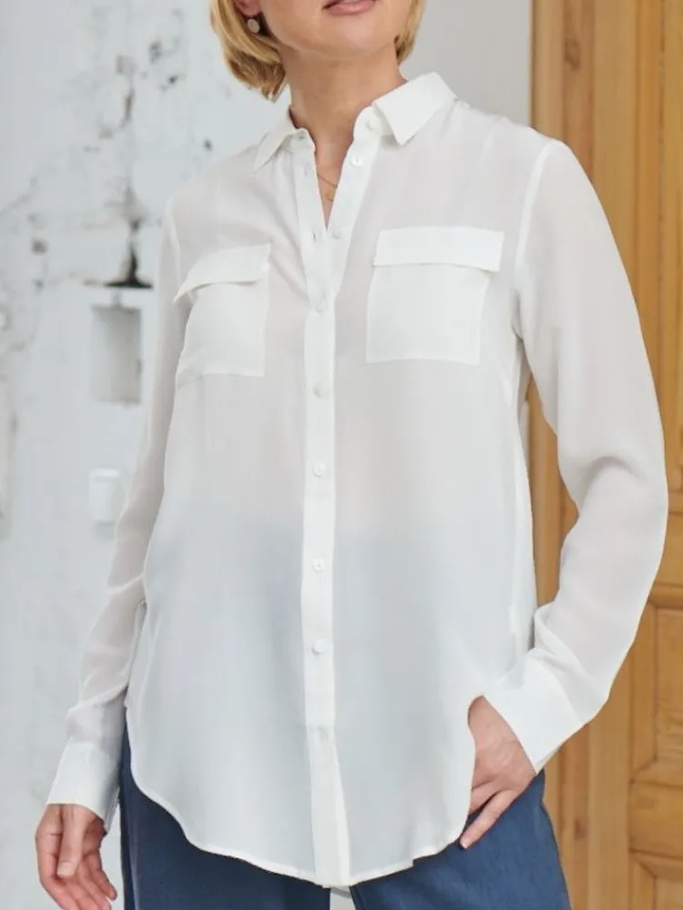 Bluse & Tunika|Shirts Mit Seide^Kokon Zwo Seidenbluse Crepe seidenmatt mit Hemdkragen von seidenweiss oder zartgrau