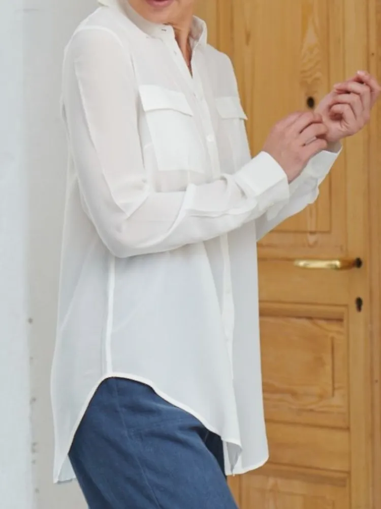 Bluse & Tunika|Shirts Mit Seide^Kokon Zwo Seidenbluse Crepe seidenmatt mit Hemdkragen von seidenweiss oder zartgrau