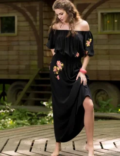 Strandkleider & Sommerkleider|Lounge-Wear^Marjolaine Seidenkleid ERIS Crepe Georgette von schwarz mit Blumen-Stickerei