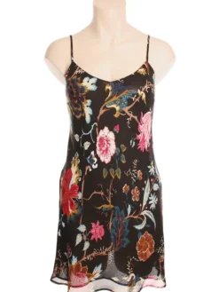 Seidennachthemd^Marjolaine Seidennachthemd 100% Seide FIDJI MOUSSELIN Blumendruck von schwarz mit buntem Blumenprint