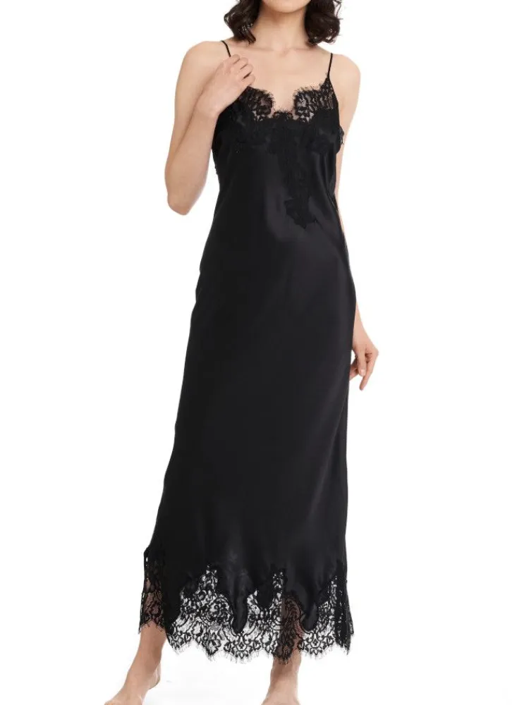 Alle Negligés|Unterkleider Mit Seide^Gattina Seiden-Neglige lang MAILIN No. 2 Satin mit Spitze von weiß oder schwarz mit Spitze