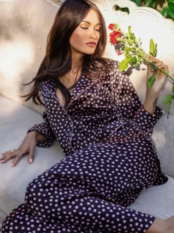 Lounge-Wear|Seidenpyjama^Marjolaine Seidenpyjama MITZI schoko-rosa von braun rosa gepunktet mit rosa biese