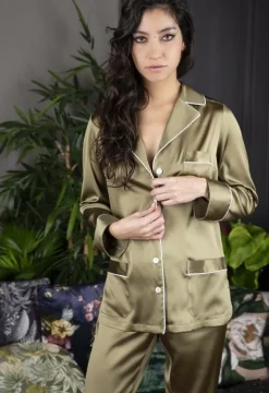 Seidenpyjama^Marjolaine Seidenpyjama NOANE BICOLORE von ziegelrot oder dunkel olivgrün mit Zierbiesen