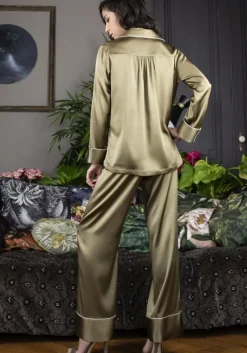 Seidenpyjama^Marjolaine Seidenpyjama NOANE BICOLORE von ziegelrot oder dunkel olivgrün mit Zierbiesen