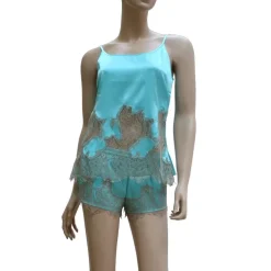 Tops Mit Spitze|Spaghettiträger Tops^Gattina Seidentop DESIDERIO AQUA mit Spitze von aqua-türkis mit rauchgrauer Spitze