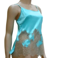 Tops Mit Spitze|Spaghettiträger Tops^Gattina Seidentop DESIDERIO AQUA mit Spitze von aqua-türkis mit rauchgrauer Spitze