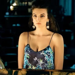 Spaghettiträger Tops|Mit Seidensatin^Luna di Seta Seidentop GARDEN PRINT von dunkelblau oder silber-flieder