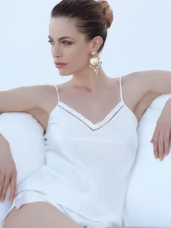 Tops Mit Spitze|Spaghettiträger Tops^Luna di Seta Seidentop JEWELS elfenbeinweiss aus 100% Seide von elfenbein weiß mit Strass