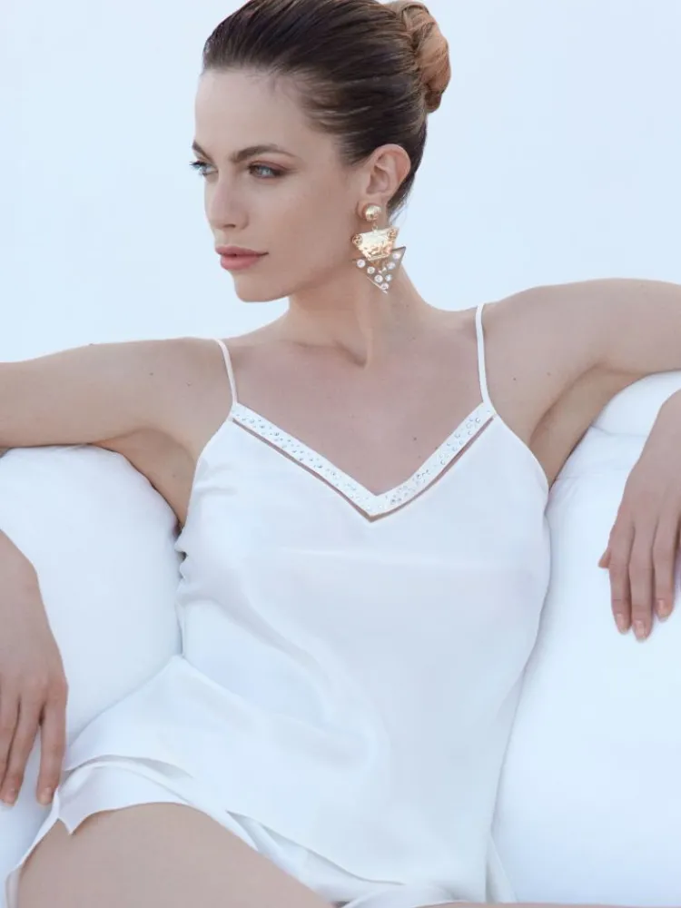 Tops Mit Spitze|Spaghettiträger Tops^Luna di Seta Seidentop JEWELS elfenbeinweiss aus 100% Seide von elfenbein weiß mit Strass