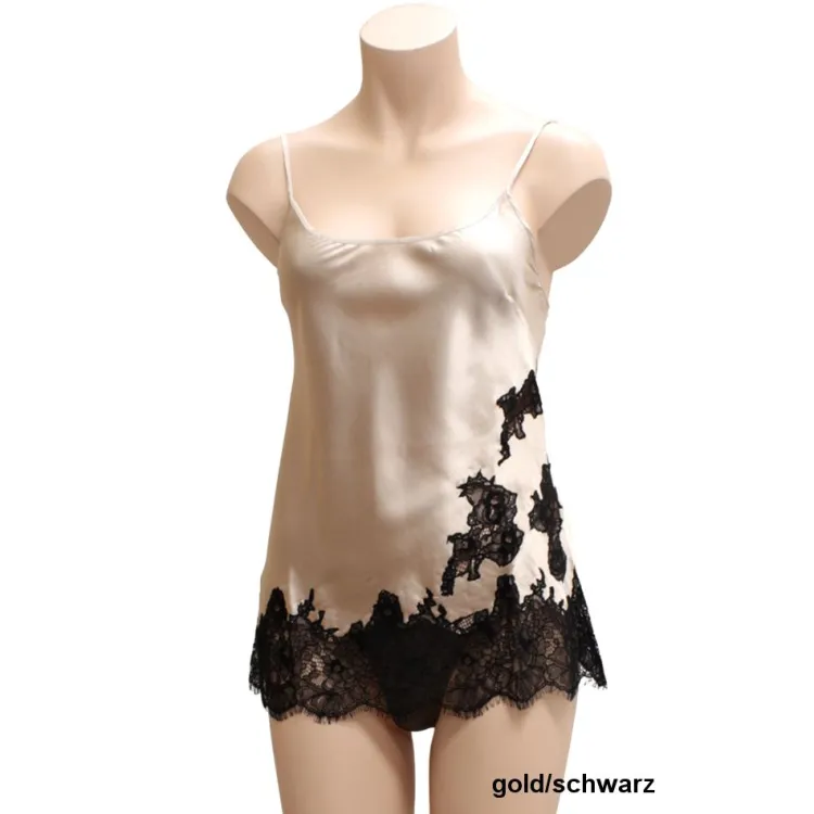 Tops Mit Spitze|Spaghettiträger Tops^Gattina Seidentop STARSHINE mit Spitze von gold oder schwarz mit schwarzer Spitze