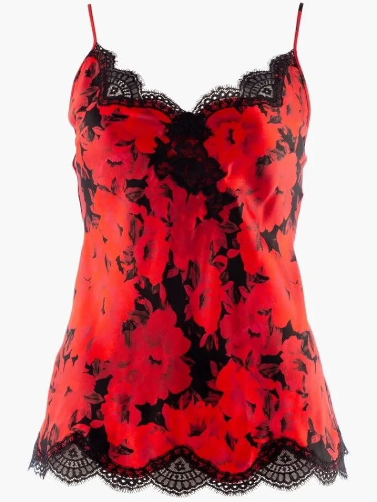Tops Mit Spitze|Spaghettiträger Tops^Aubade Seiden-Top TOI MON AMOUR rot-schwarz von rotes Blumenmuster mit schwarz