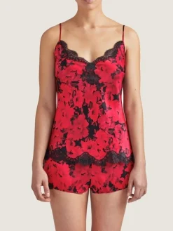 Tops Mit Spitze|Spaghettiträger Tops^Aubade Seiden-Top TOI MON AMOUR rot-schwarz von rotes Blumenmuster mit schwarz