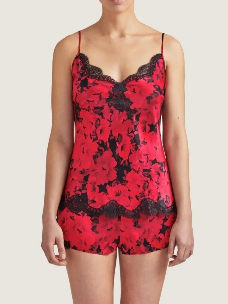 Tops Mit Spitze|Spaghettiträger Tops^Aubade Seiden-Top TOI MON AMOUR rot-schwarz von rotes Blumenmuster mit schwarz
