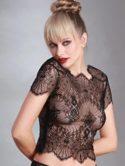 Tops Mit Spitze|Shirt Mit Spitze^Prelude Spitze Kurzarm Top von Milano schwarz oder elfenbein weiß