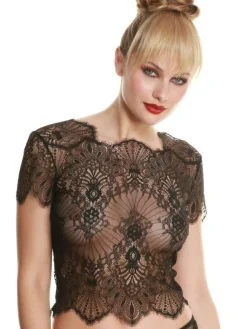 Tops Mit Spitze|Shirt Mit Spitze^Prelude Spitze Kurzarm Top von Milano schwarz oder elfenbein weiß