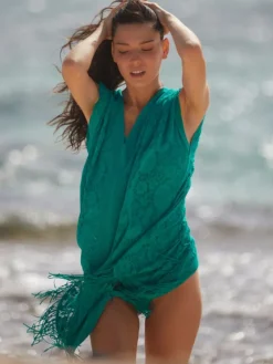 Strandkleider & Sommerkleider|Kaftan, Tunika & Pareo^Pain de Sucre Spitze Strandtunika JESSE 20 von weiß mit Fransensaum