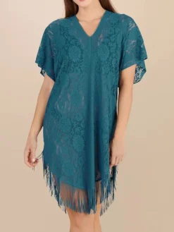 Strandkleider & Sommerkleider|Kaftan, Tunika & Pareo^Pain de Sucre Spitze Strandtunika JESSE 20 von weiß mit Fransensaum