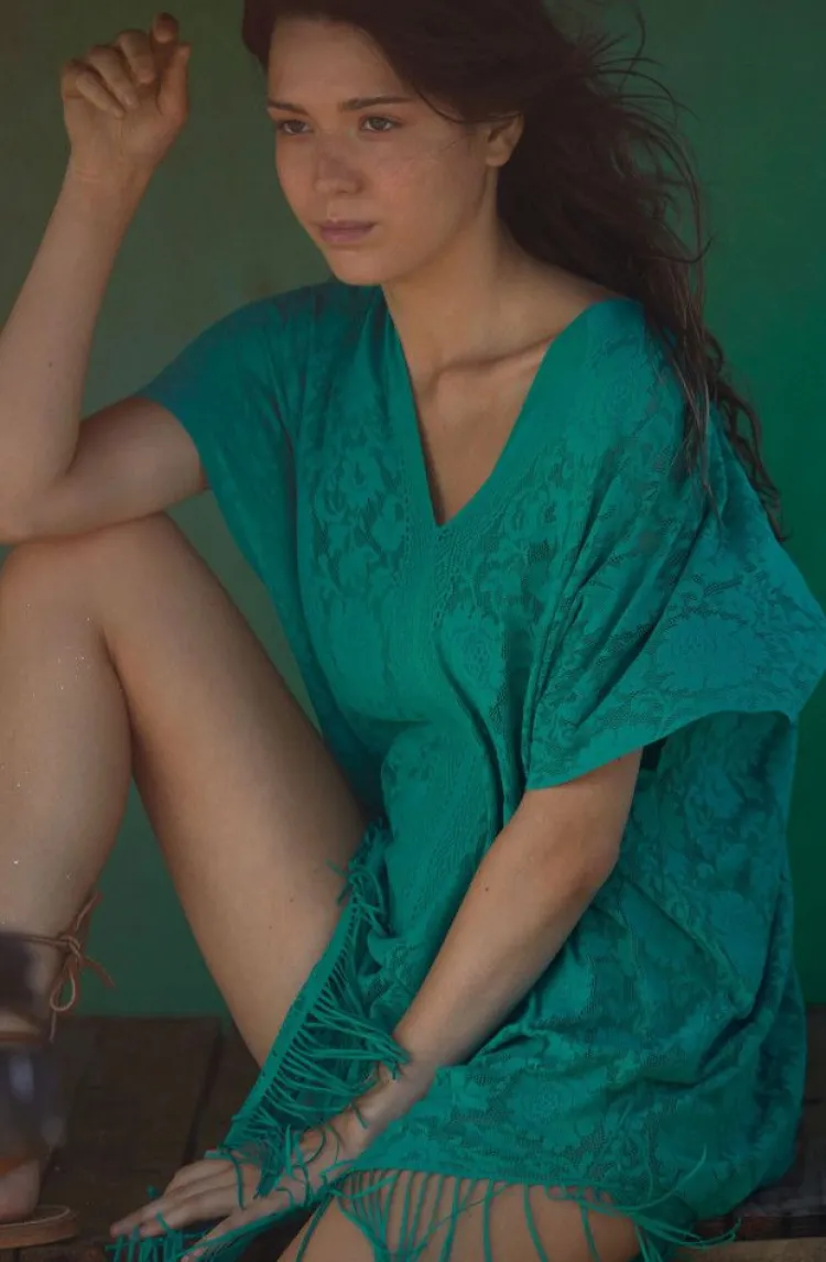 Strandkleider & Sommerkleider|Kaftan, Tunika & Pareo^Pain de Sucre Spitze Strandtunika JESSE 20 einfarbig von weiß mit Fransensaum