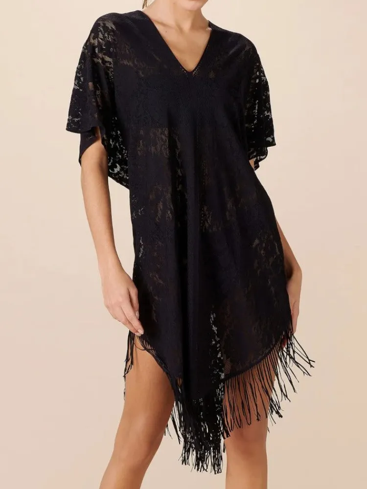 Strandkleider & Sommerkleider|Kaftan, Tunika & Pareo^Pain de Sucre Spitze Strandtunika JESSE 20 einfarbig von weiß mit Fransensaum